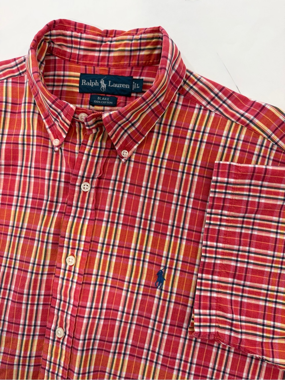 VNTG 90s Ralph Lauren Blake Red Multicolor Plaid Short Sleeve Button Shirt (L)